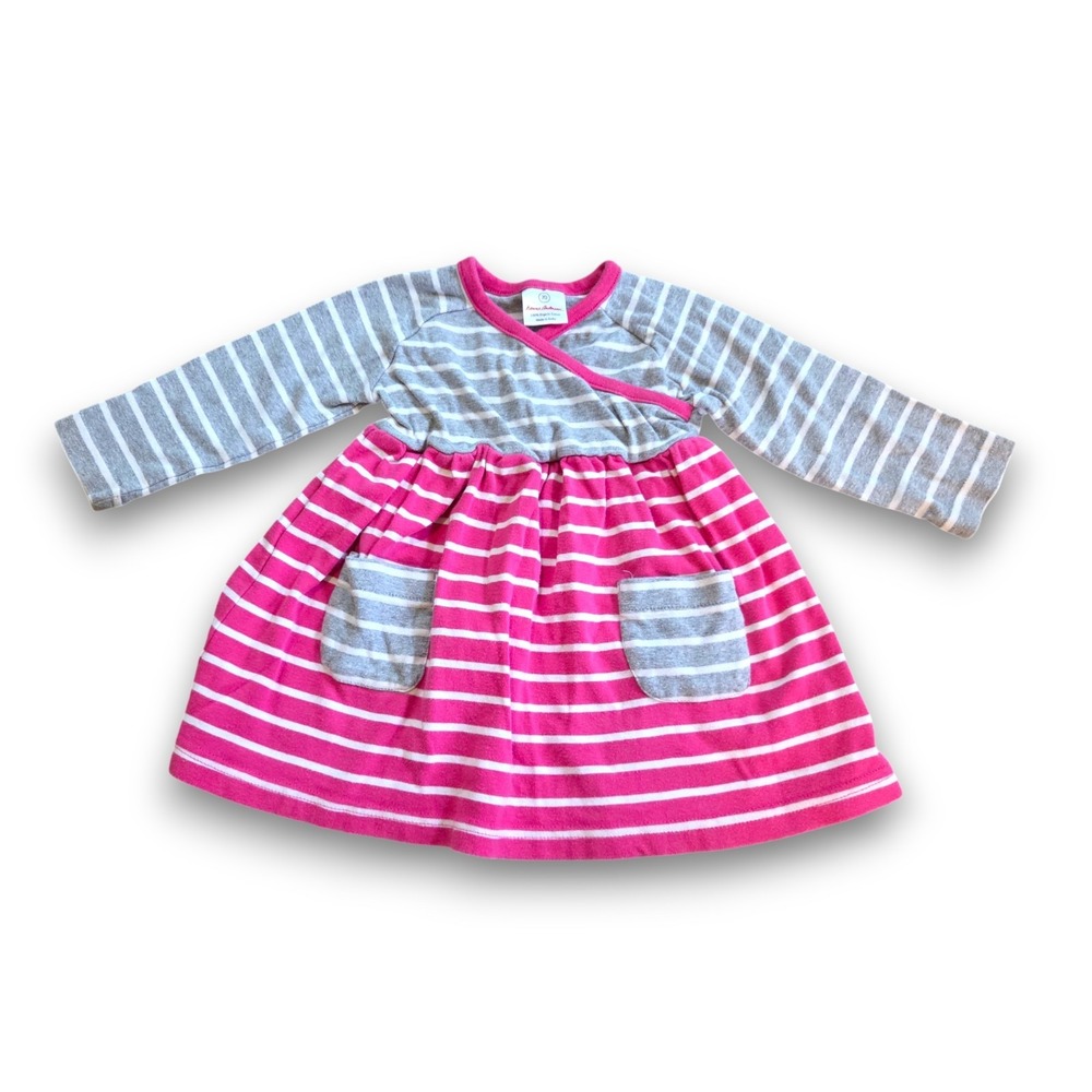 Hanna Andersson Long Sleeve Pocket Dress Pink Gray Stripe Baby Girls 70 US 6-12m